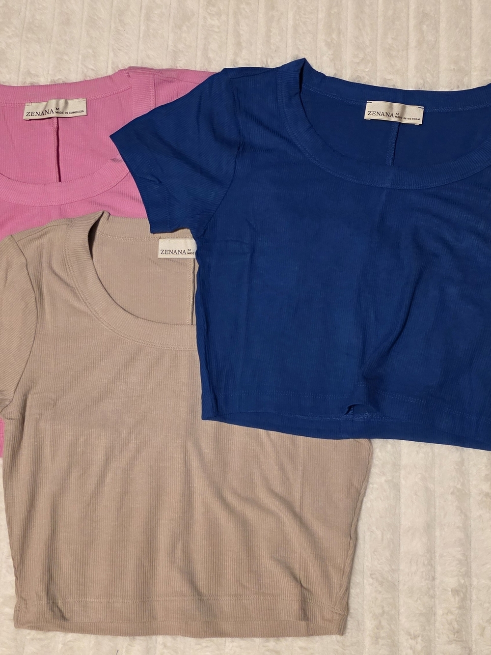 Zenana Outfitters Women's Ribbed Crop Tops - Blue, Pink, Tan